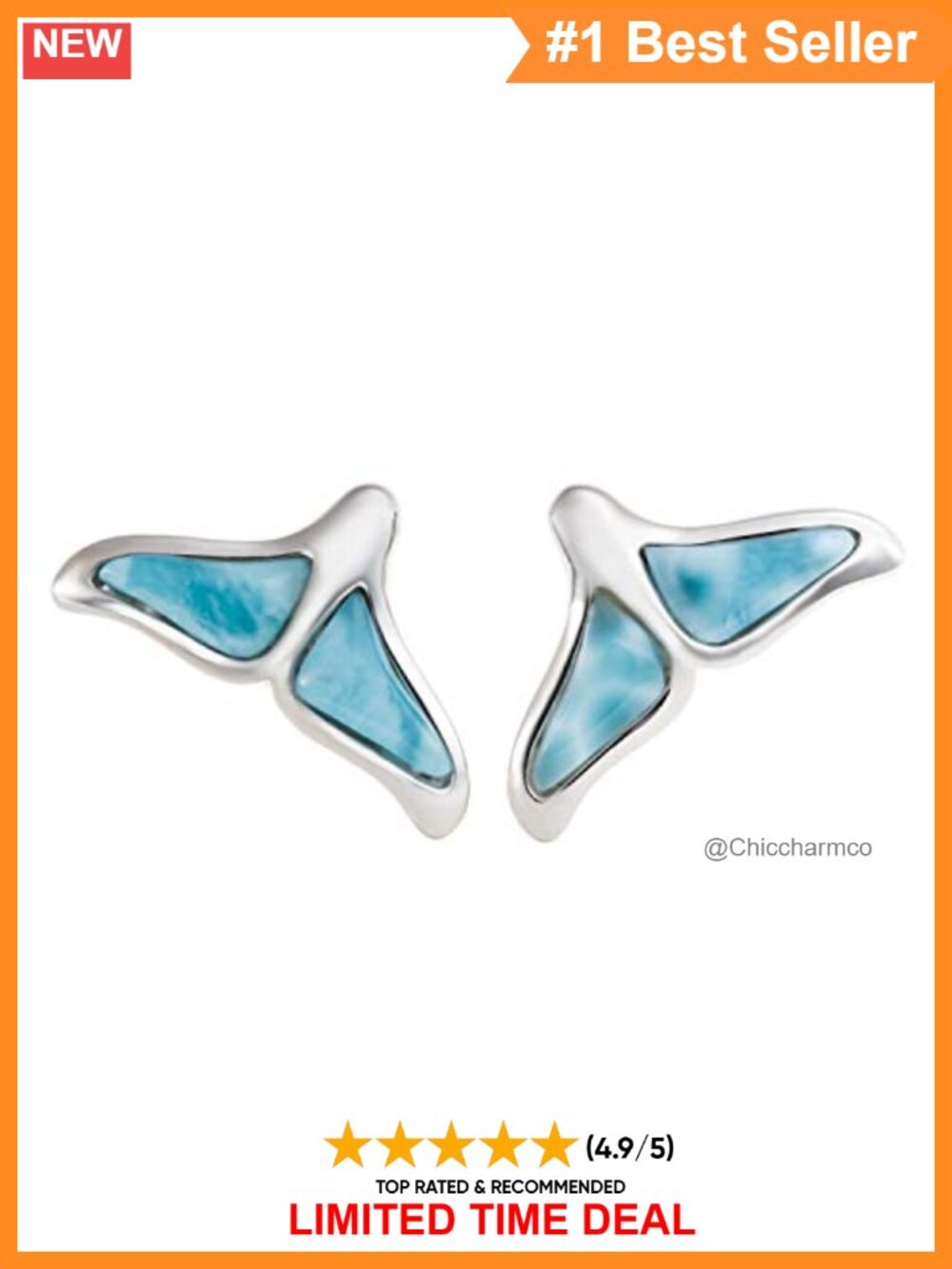 Sterling Silver Natural Larimar Whale Tail Stud Earrings